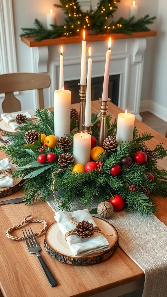 A festive Christmas table decorated with natural elements like evergreen branches, pinecones, and candles.